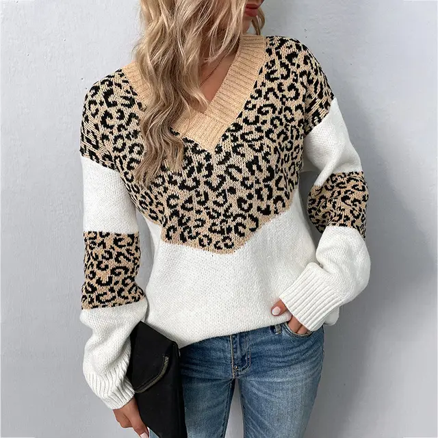 Fur Rain V neck Pullover Contrast Color Leopard Print Sweater Khaki, Leopard Print - Shop at LoveMi