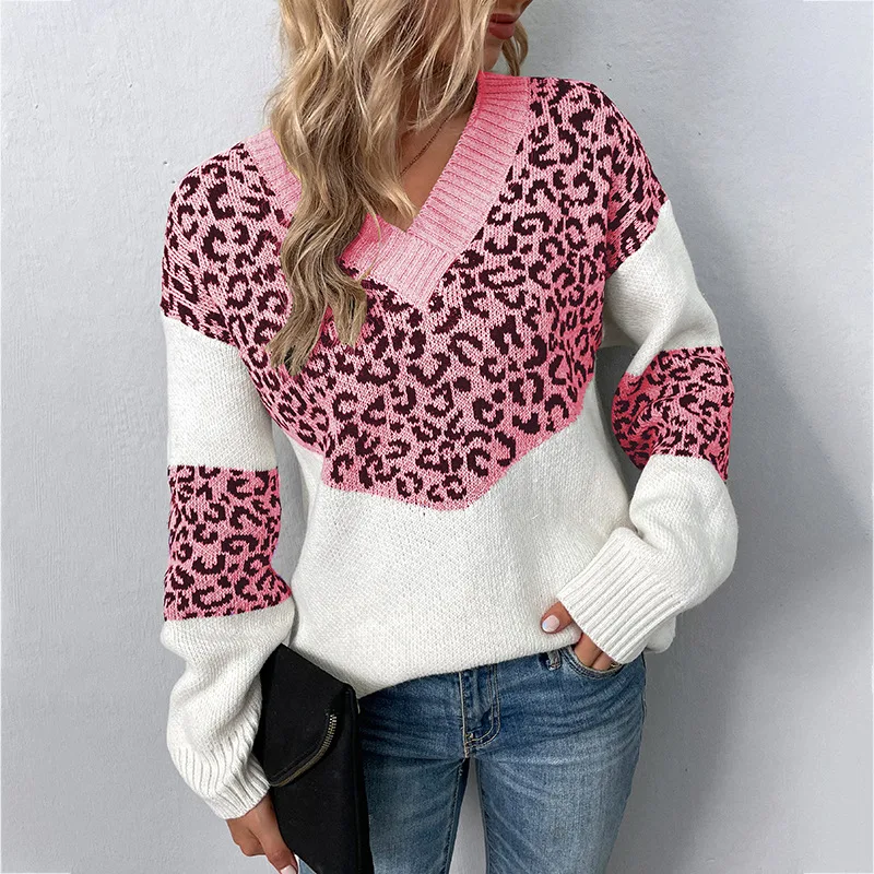 Fur Rain V neck Pullover Contrast Color Leopard Print Sweater Pink Leopard Print - Shop at LoveMi
