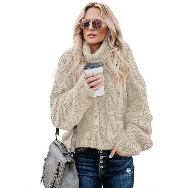 Thick Warm Sweater Women's Solid Color Turtleneck Loose Pullover Top Beige - Shop at LoveMi