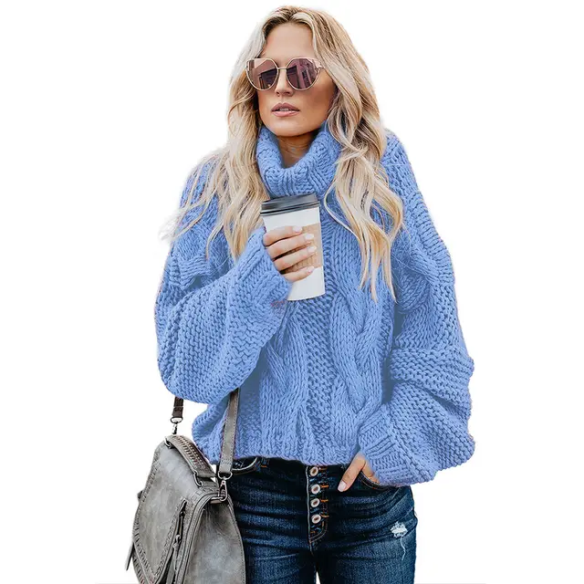 Thick Warm Sweater Women's Solid Color Turtleneck Loose Pullover Top Light Blue - Shop at LoveMi