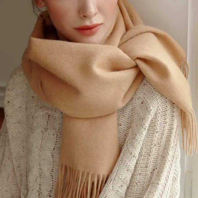 Pure Wool Scarf Women's Warm Tassel Solid Color Scarf Golden Camel - Shop at LoveMi