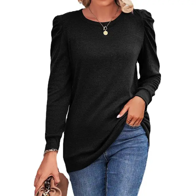 European And American Autumn And Winter New Loose Round Neck Pleated Long Sleeve Solid Color T shirt Top Women Black - Shop at LoveMi
