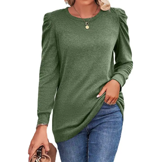 European And American Autumn And Winter New Loose Round Neck Pleated Long Sleeve Solid Color T shirt Top Women Green - Shop at LoveMi