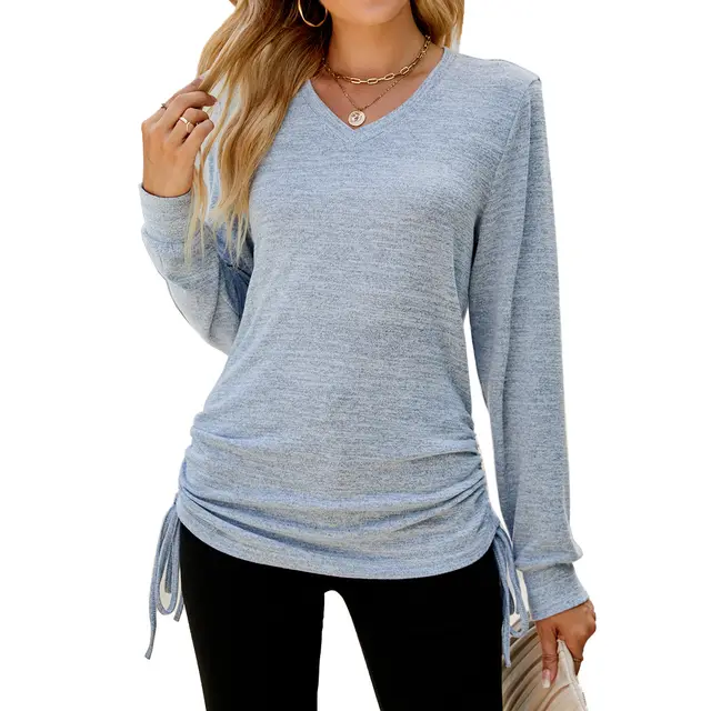 Women's Top Solid Color V neck Hem Lace up Long sleeved Women's T shirt Light Blue - Shop at LoveMi