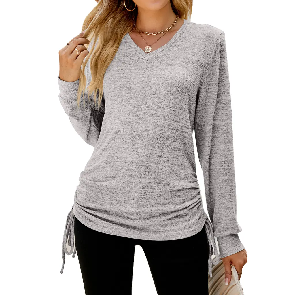 Women's Top Solid Color V-neck Hem Lace-up Long-sleeved Women's T-shirt - Light Gray