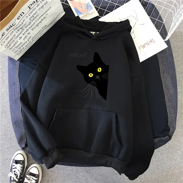 Personalized Black Cat Hooded Sweater Fleece Padded Coat Plus Size Black - Shop at LoveMi