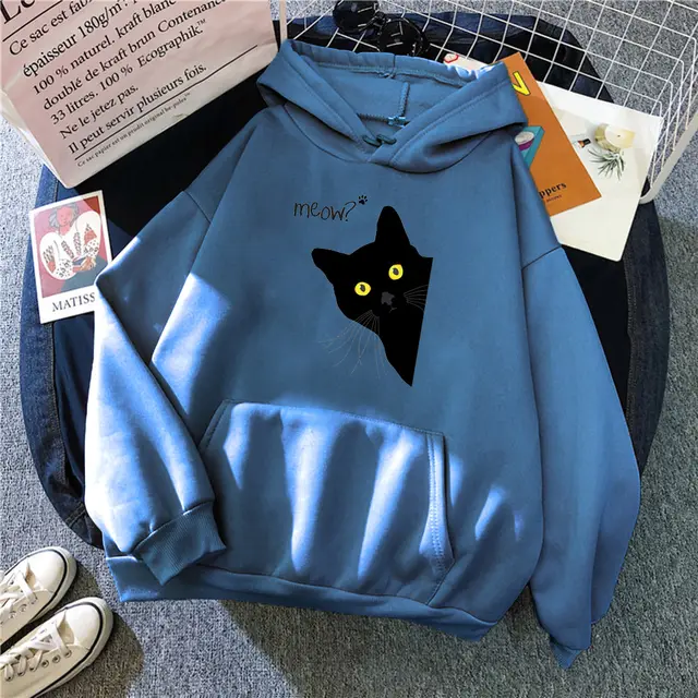 Personalized Black Cat Hooded Sweater Fleece Padded Coat Plus Size Haze Blue - Shop at LoveMi