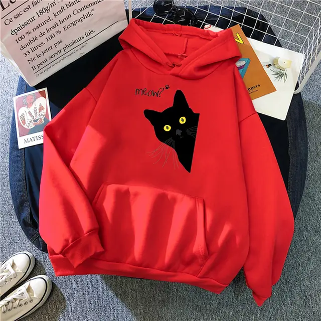 Personalized Black Cat Hooded Sweater Fleece Padded Coat Plus Size Red - Shop at LoveMi