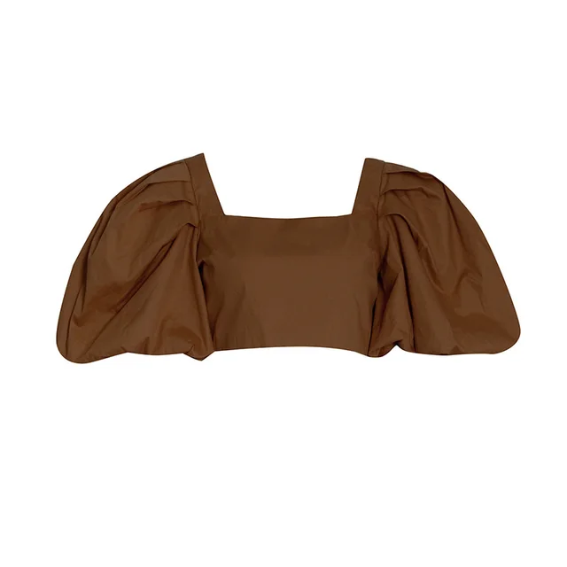 Autumn New Fashion Personality Square Collar Bubble Sleeve Design Sense Tops Female Brown - Shop at LoveMi