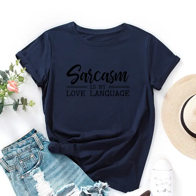 Sarcasm Is My Love Language Letter Print Women Short Sleeve Navy Blue - Shop at LoveMi