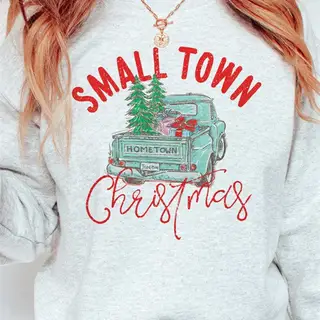 Small Town Christmas Truck Graphic Sweatshirt - Grey