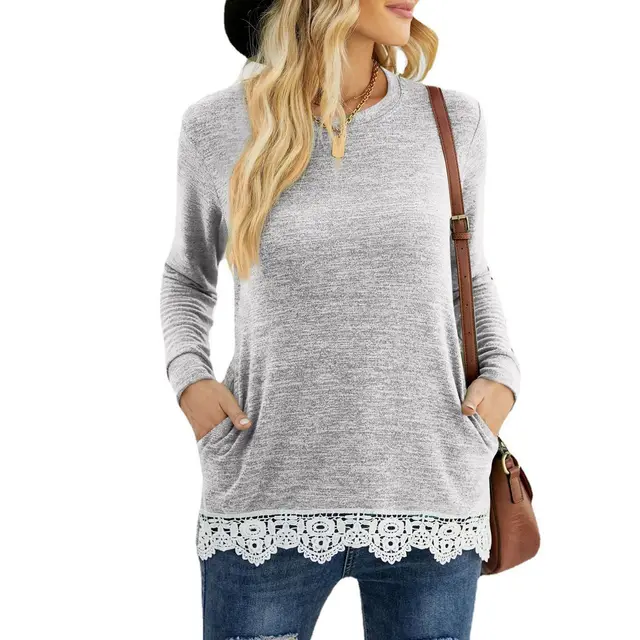 Round Neck Loose Leisure Pullover Pocket T shirt Lace Stitching Coat Light Gray - Shop at LoveMi