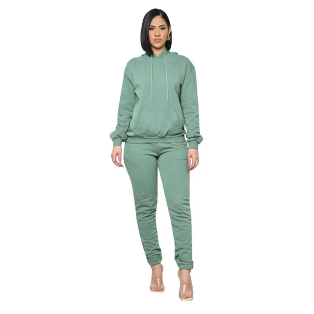 European And American Pure Color Stickers Bags Hoodie With Drawstrings Long Sleeve Sweaters Women's Clothing Ankle tied Trousers Fashion Casual Set... Light Green - Shop at LoveMi