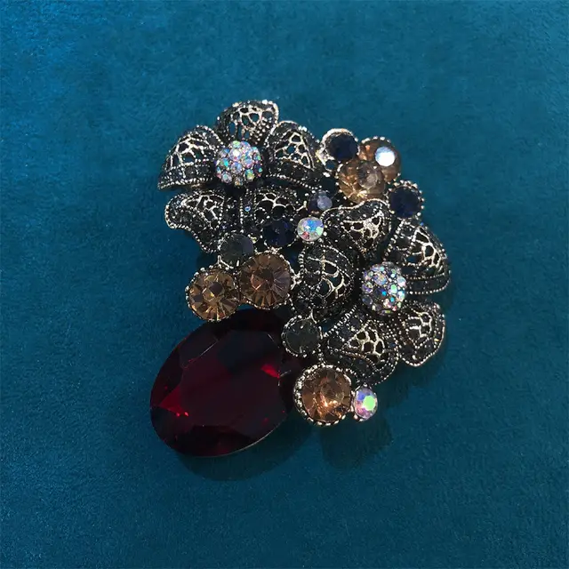 Crystal Glass French Flower Suit Jacket Pin Red Crystal Double Headed Came - Shop at LoveMi