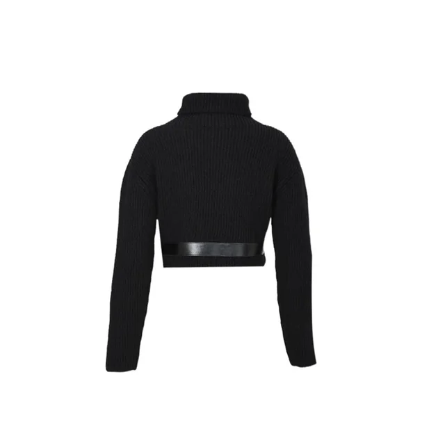 Design Sense Short Belt High Neck Black Sweater For Women Black - Shop at LoveMi