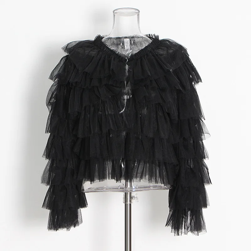 New Round Neck Long Sleeve Personalized Ruffle Pleated Women's Mesh Shirt Black - Shop at LoveMi