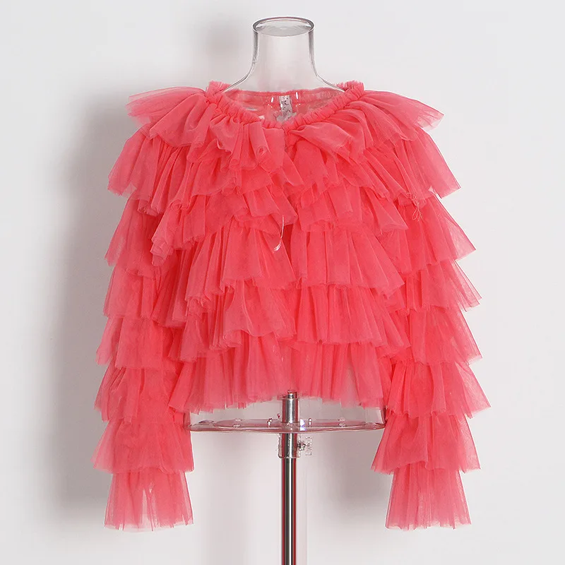New Round Neck Long Sleeve Personalized Ruffle Pleated Women's Mesh Shirt Red - Shop at LoveMi