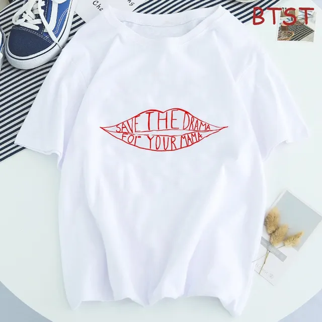 Women's Creative Lips Letter Print Short sleeve T shirt White - Shop at LoveMi