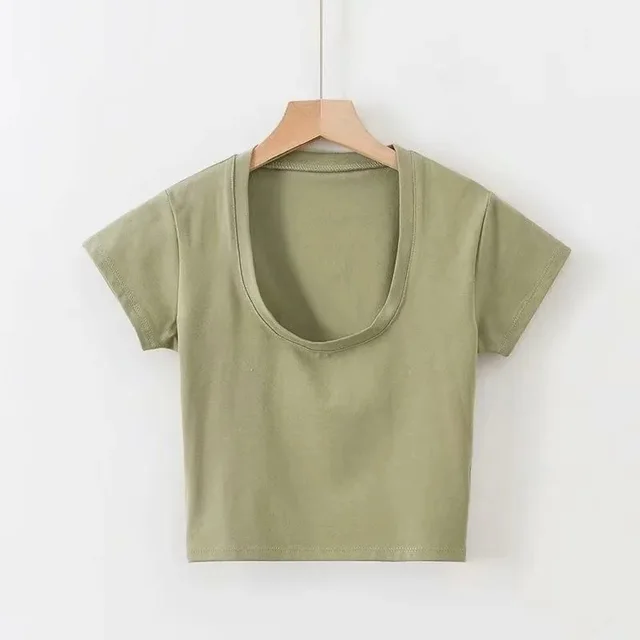 Summer Solid Color Slim fit Sexy Women's Short Sleeve U neck T shirt Basic Korean Style Short Top Light Green - Shop at LoveMi