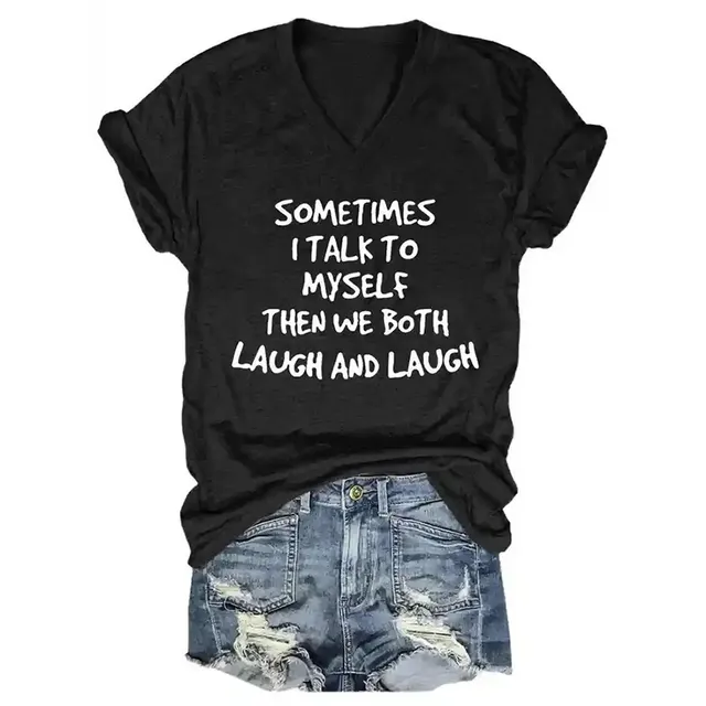 English TIMES Printed T shirt Women's V neck Top 1722 Black - Shop at LoveMi