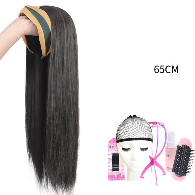 Wig Women's Long Hair Lazy Headband Black Long Straight Hair Half Headgear Style 2 Black Long Straight Hair - Shop at LoveMi