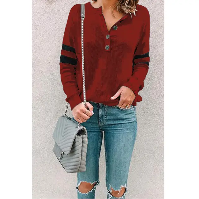 European And American Women's Clothing Patchwork Round Neck Button T shirt Top Red - Shop at LoveMi