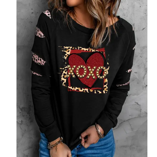Black Merry Christmas Leopard Print Twill Sleeve Pattern Printed Sweatshirt Long Sleeve Crew Neck Sweater Women 3 Style Black Line - Shop at LoveMi