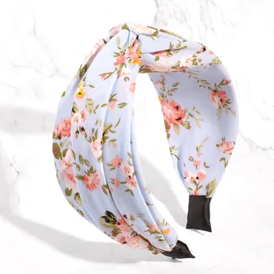 Floral Headband Summer Hairpin Wide Edge Cross Knotted Girl Mori Floral Sky Blue - Shop at LoveMi