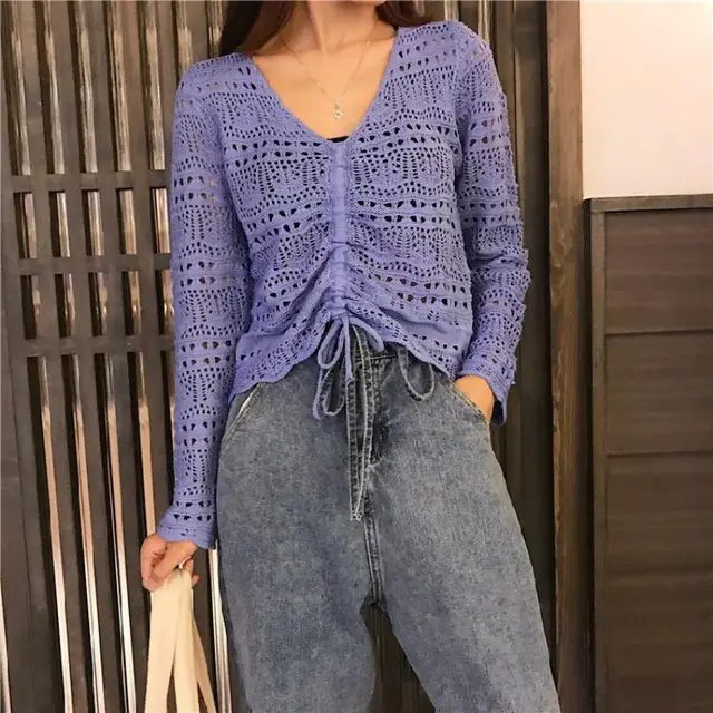 Women's V neck Long Sleeve Top Loose Hollow Sweater Royal Blue - Shop at LoveMi