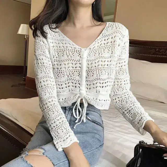 Women's V neck Long Sleeve Top Loose Hollow Sweater White - Shop at LoveMi