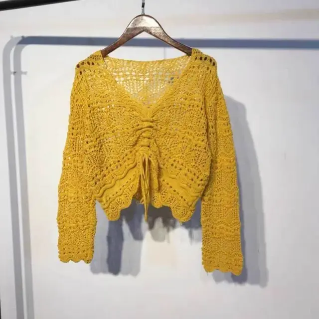 Women's V neck Long Sleeve Top Loose Hollow Sweater Yellow - Shop at LoveMi
