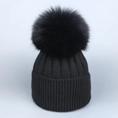 Fox Fur Warm Winter Hat With Ball For Women Child Girl Wool Thick Knitted Black - Shop at LoveMi