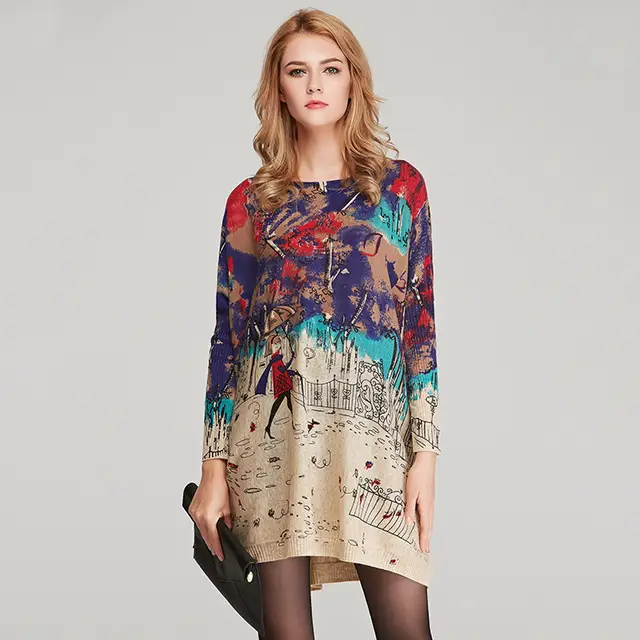 Large Size Women's Knit Sweater Women Loose Print Apricot - Shop at LoveMi