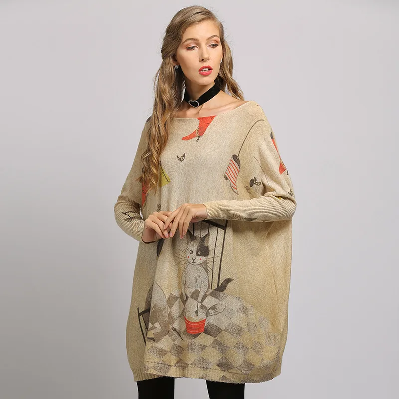 Cartoon Loose Print Plus Size Knitted Sweater Batwing Sleeve Khaki - Shop at LoveMi