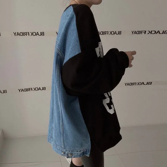 Casual Long sleeved Denim Splicing Sweater Female Black With Blue - Shop at LoveMi