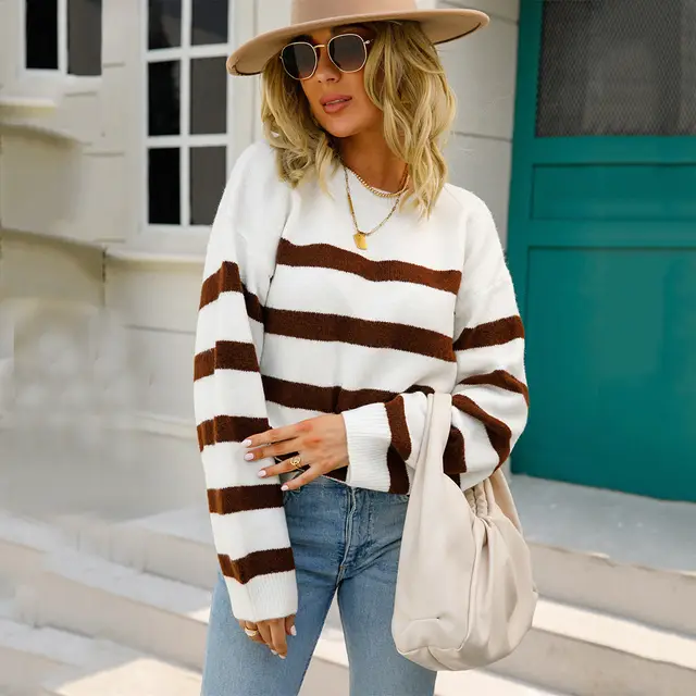 Round Neck Slim Pullover Sweater Loose Striped Sweater White - Shop at LoveMi