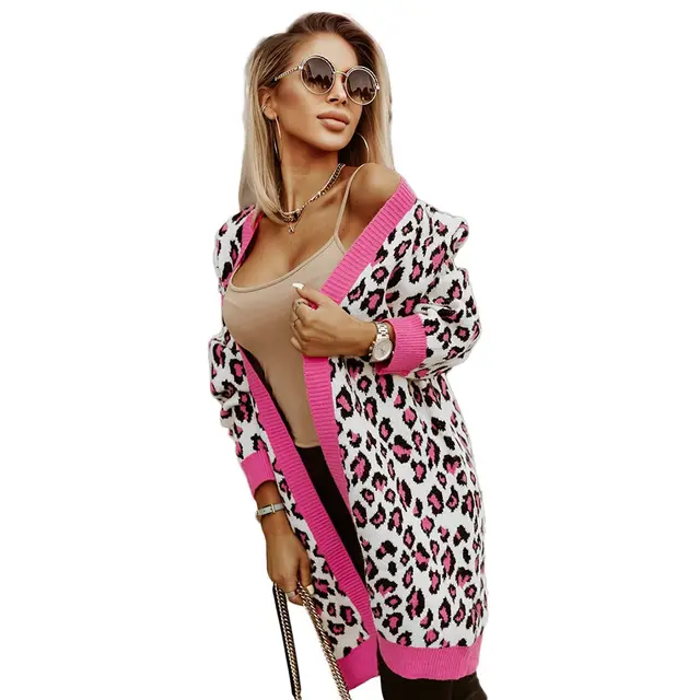 Leopard Print Design Knitted Cardigan Sweater Rose Red - Shop at LoveMi
