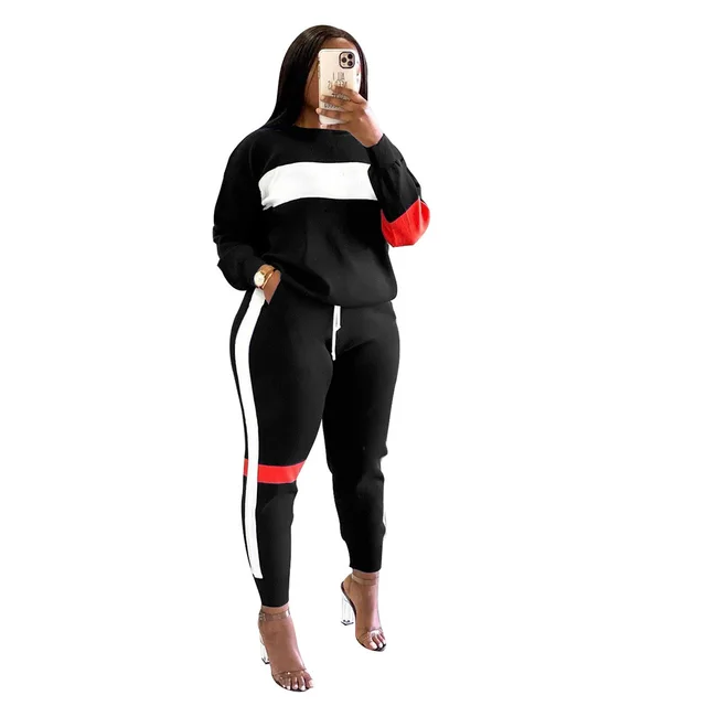 Striped Stitching Long Sleeve Top Suit Exercise Casual Pants Two piece Suit For Women Black - Shop at LoveMi