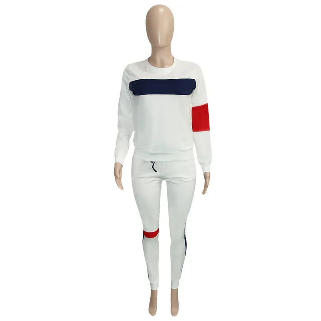 Striped Stitching Long Sleeve Top Suit Exercise Casual Pants Two piece Suit For Women White - Shop at LoveMi
