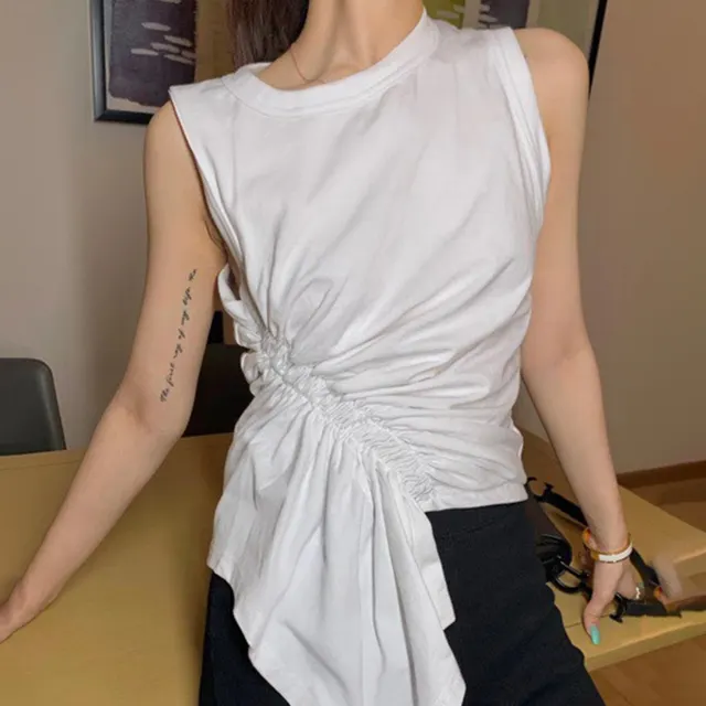 Women's T shirt With Irregular Pleat Design White - Shop at LoveMi