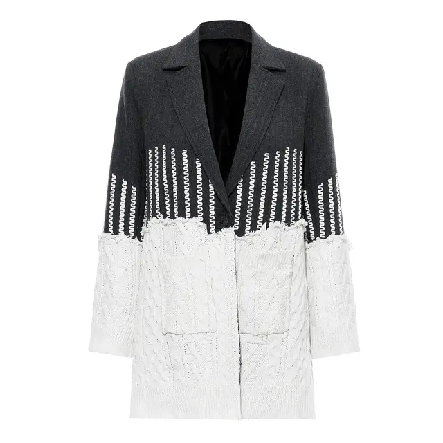 Personalized Patchwork Jacquard Knit Torn Hem Jacket Dark Grey And White - Shop at LoveMi