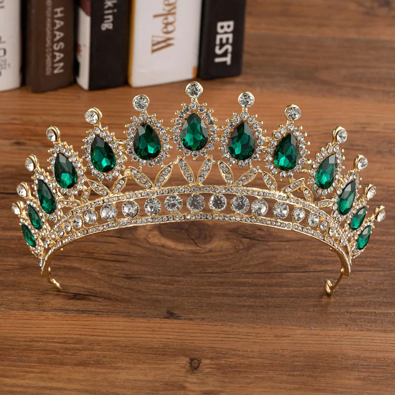 Bridal Crown Wedding Alloy Diamond Crown Fashion Elegant Headdress - H032 Gold Green Crown