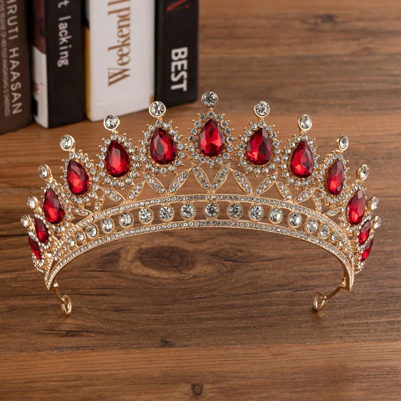 Bridal Crown Wedding Alloy Diamond Crown Fashion Elegant Headdress - H032 Gold Red Crown