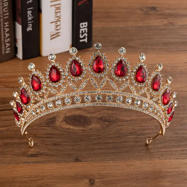 Bridal Crown Wedding Alloy Diamond Crown Fashion Elegant Headdress - H032 Gold Red Crown