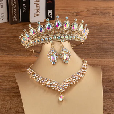 Bridal Crown Wedding Alloy Diamond Crown Fashion Elegant Headdress H032X001 Gold Ab Set - Shop at LoveMi