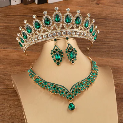 Bridal Crown Wedding Alloy Diamond Crown Fashion Elegant Headdress H032X001 Gold Green Set - Shop at LoveMi