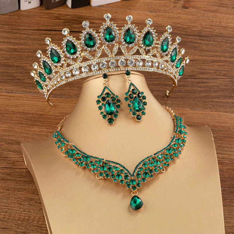 Bridal Crown Wedding Alloy Diamond Crown Fashion Elegant Headdress - H032X001 Gold Green Set