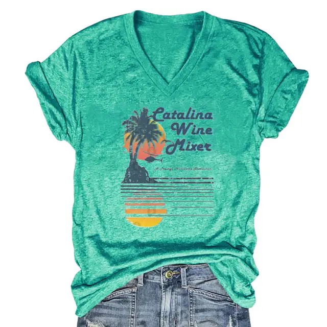 Europe And America Spring And Summer Solid Color Printing T shirt V neck Pullover Green - Shop at LoveMi