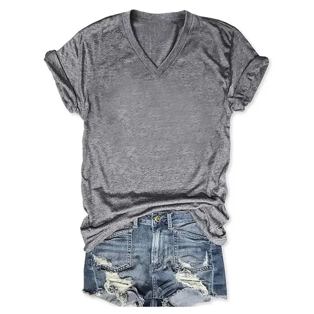 Europe And America Spring And Summer Solid Color Printing T shirt V neck Pullover Grey - Shop at LoveMi