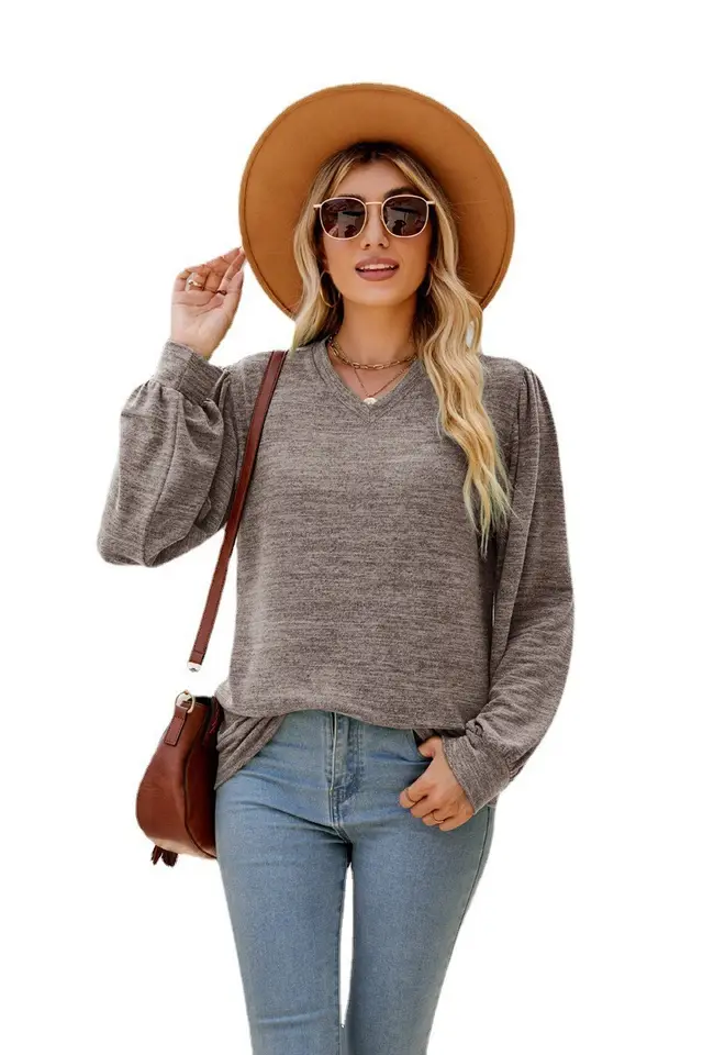 Loose Casual Puff Sleeve V neck Long Sleeve Top Women Khaki - Shop at LoveMi